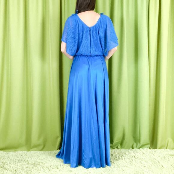 80s Vintage Royal Blue Crochet Top Bat Wing Sleeve Maxi Gown - Picture 4 of 5
